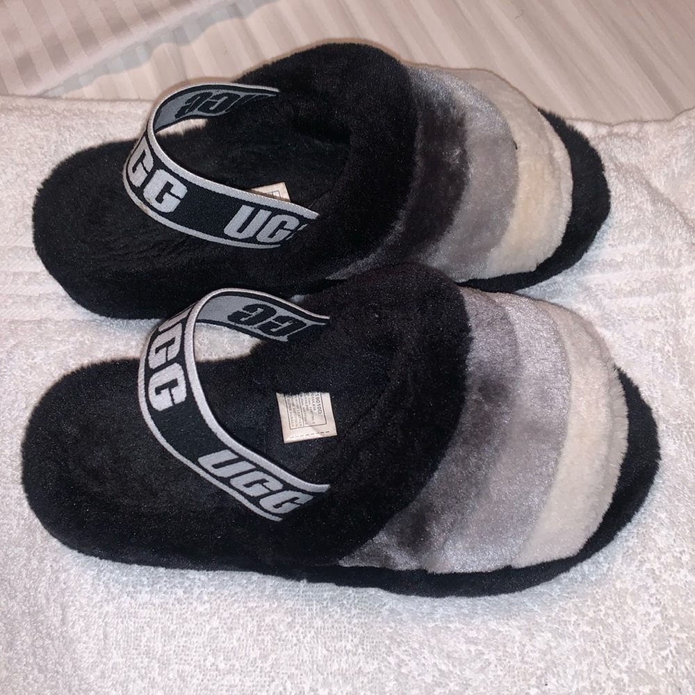 UGG Black and Gray Fluffy Slippers